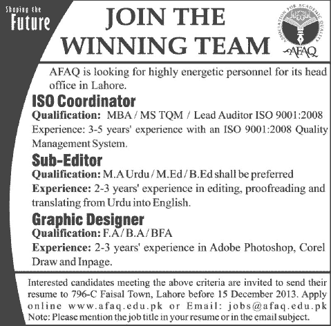 ISO Coordinator, Sub-Editor & Graphic Designer Jobs in Lahore 2013 December Association for Academic Quality (AFAQ)
