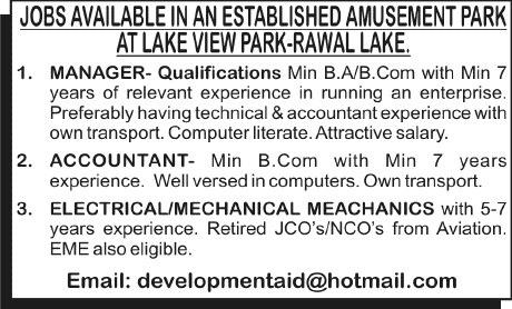 Electrical / Mechanical Mechanics, Manager & Accountant Jobs in Islamabad 2013 December at Lake View Park - Rawal Lake