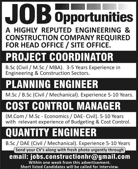 Cost Control Managers & Civil / Mechanical Engineers Jobs in Lahore 2013 December Construction Company