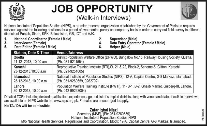 www.nips.org.pk NIPS Jobs 2013 December Latest National Institute of Population Studies
