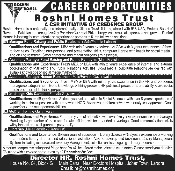 Roshni Homes Trust Jobs 2013 December for Managers, Incharge Kids Campus, Mother & Librarian