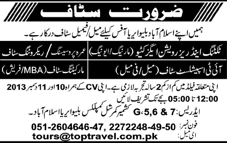 Top Travel & Tours Islamabad Jobs 2013 December for Ticketing / Reservation Executive, Umrah Processing & Other Staff