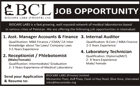 Biocare Labs (Pvt.) Ltd BCL Islamabad Jobs 2013 December in Finance, Receptionist / Phlebotomist & Laboratory Technician