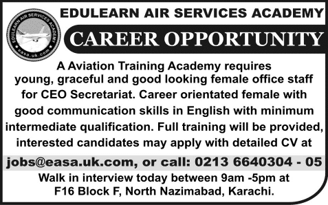 Female Office Assistant Jobs in Karachi 2013 December at Edulearn Air Services Academy