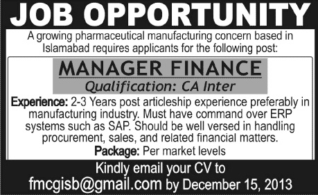 Finance Manager Jobs in Islamabad 2013 December for a Pharmaceutical Manufacturing Concern