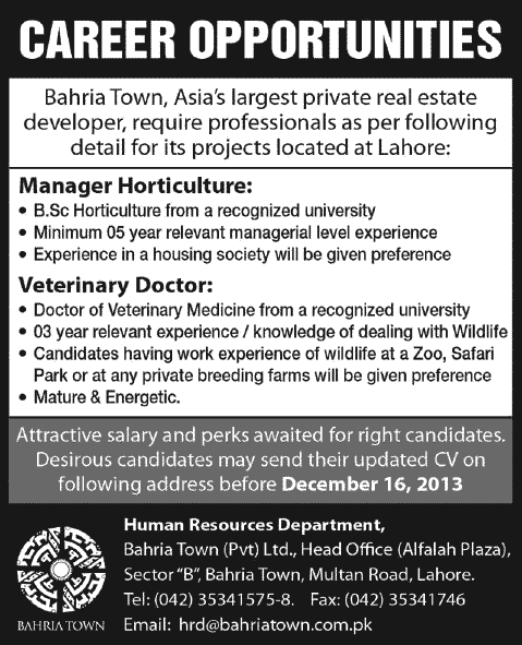 Bahria Town Lahore Jobs 2013 December for Manager Horticulture & Veterinary Doctor