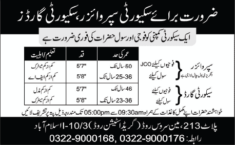 Security Supervisor & Security Guards Jobs in Islamabad 2013 December for Security Company