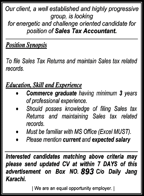 Sales Tax Accountant Jobs in Karachi 2013 December Latest