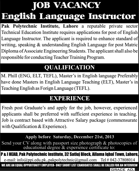 English Language Instructor Jobs in Lahore 2013 December at Pak Polytechnic Institute