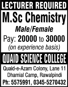 Chemistry Lecturer Jobs in Rawalpindi 2013 December at Quaid Science College