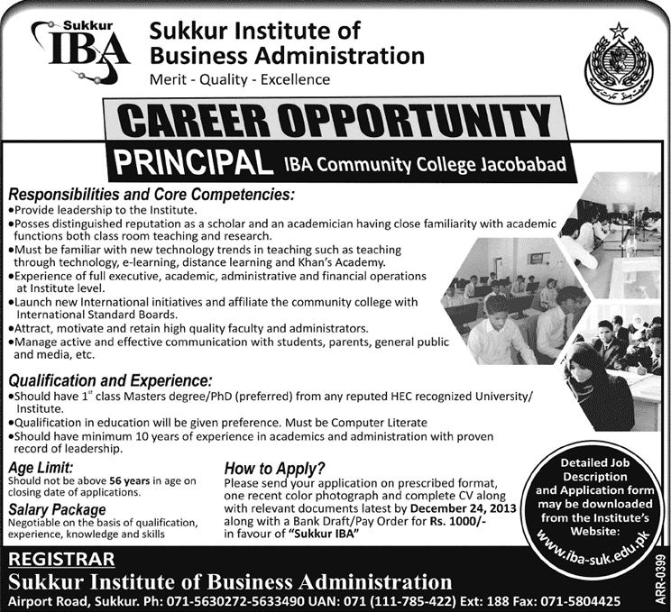 Principal Jobs at IBA Community College Jacobabad 2013 December Sukkur Institute of Business Administration (IBA)
