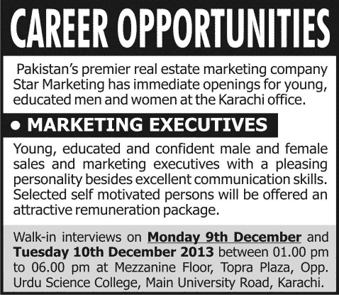 Marketing Executive Jobs at Star Marketing Karachi 2013 December Real Estate Marketing Company