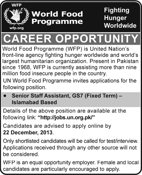 World Food Programme (WFP) Pakistan Jobs 2013 December for Senior Staff Assistant in Islamabad