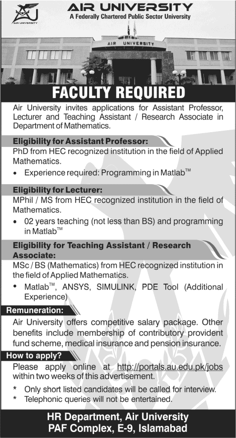 Air University Islamabad Jobs 2013 December for Assistant Professor, Lecturer and Teaching Assistant Mathematics