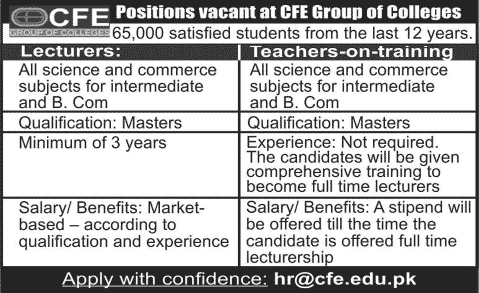 Trainee Lecturer & Lecturer Jobs in Lahore 2013 December at CFE Group of Colleges