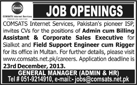 COMSATS Internet Services Pakistan Jobs 2013 December for Admin Assistant, Marketing & Telecom / Electrical Engineers