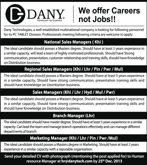 Dany Technologies Jobs 2013 December for Sales / Marketing Managers for PC Tablet Division