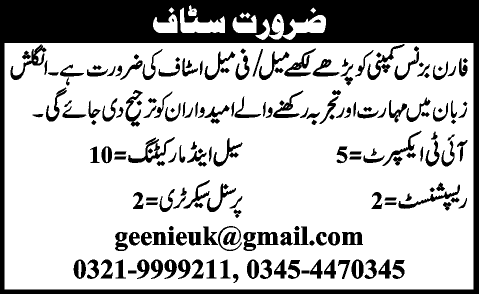 IT Experts, Sales and Marketing, Personal Secretary & Receptionist Jobs in Lahore 2013 December