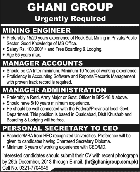 Mining Engineer, Accounts Manager, Admin Manager & Personal Secretary Jobs at Ghani Mines 2013 December