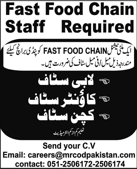 Mr. Cod Pakistan Rawalpindi Jobs 2013 December for Lobby, Counter & Kitchen Staff