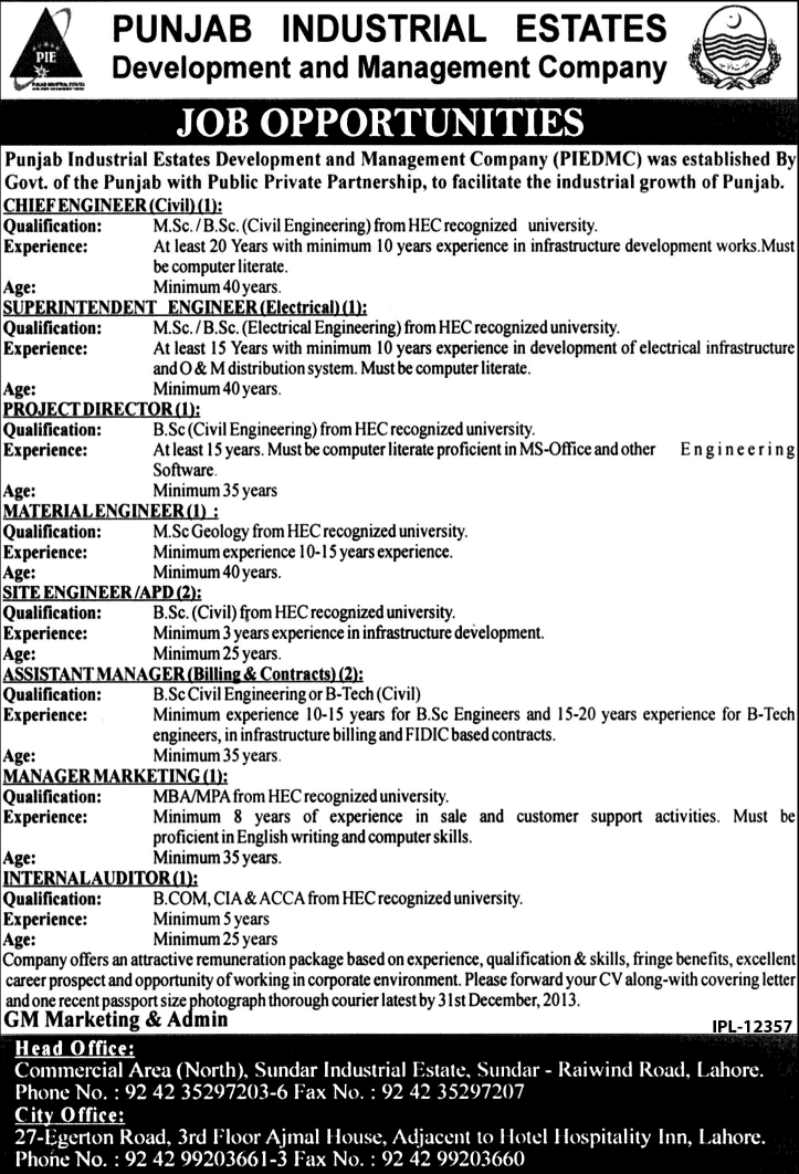 Punjab Industrial Estates Development & Management Company Jobs 2013 December PIEDMC