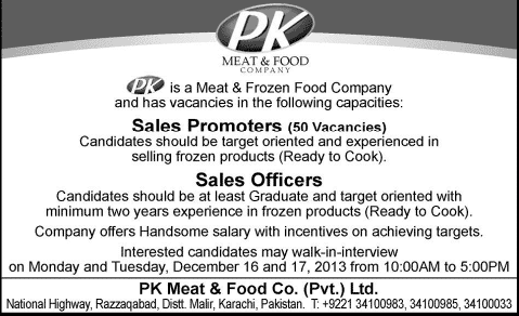 Sales Officers & Sales Promoters Jobs in PK Meat & Food Company Karachi 2013 December