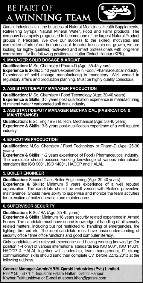 Qarshi Industries Hattar Jobs 2013 December Latest Advertisement