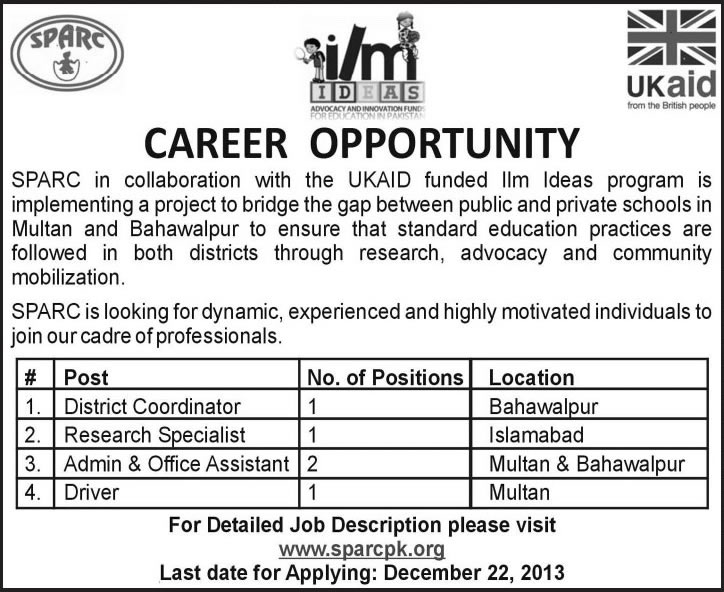 SPARC Jobs 2013 December for District Coordinator, Research Specialist, Admin / Office Assistant & Driver