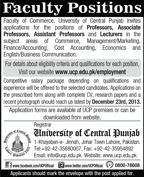 University of Central Punjab Jobs 2013 December for Teaching Faculty / Associate / Assistant / Professors / Lecturer