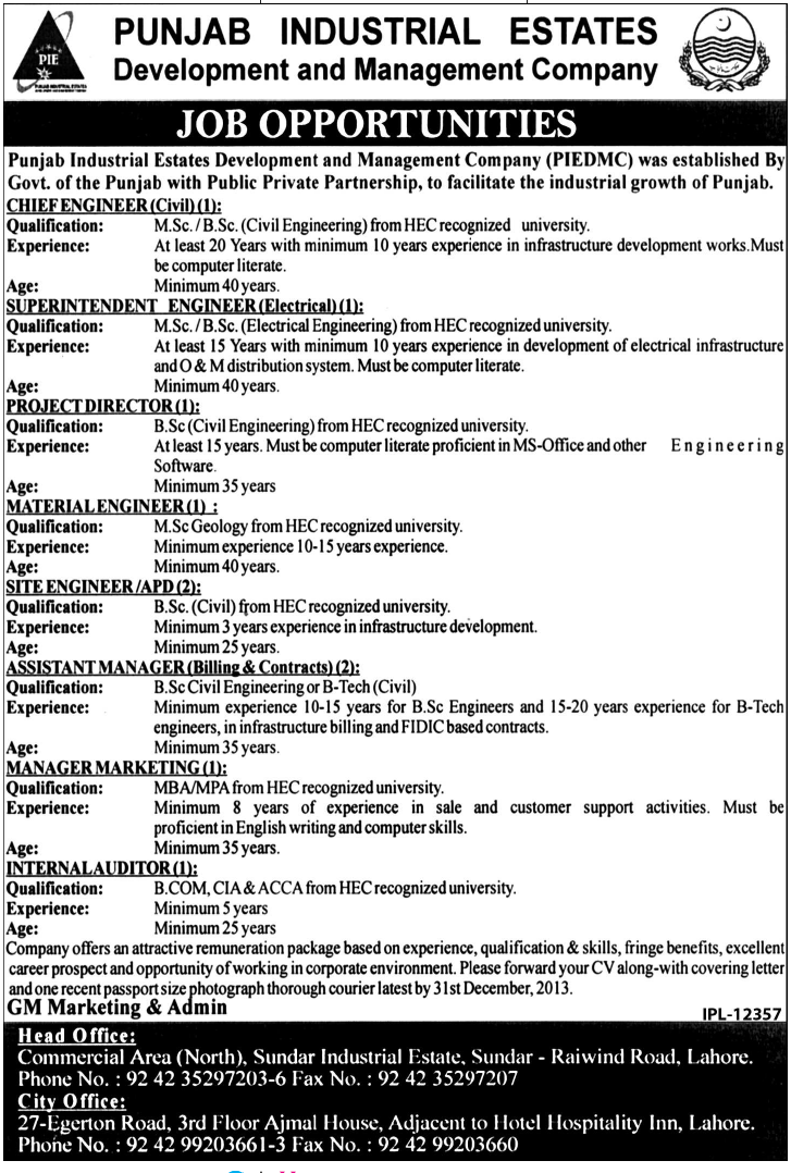 Punjab Industrial Estates Development & Management Company Jobs in Lahore December 2013