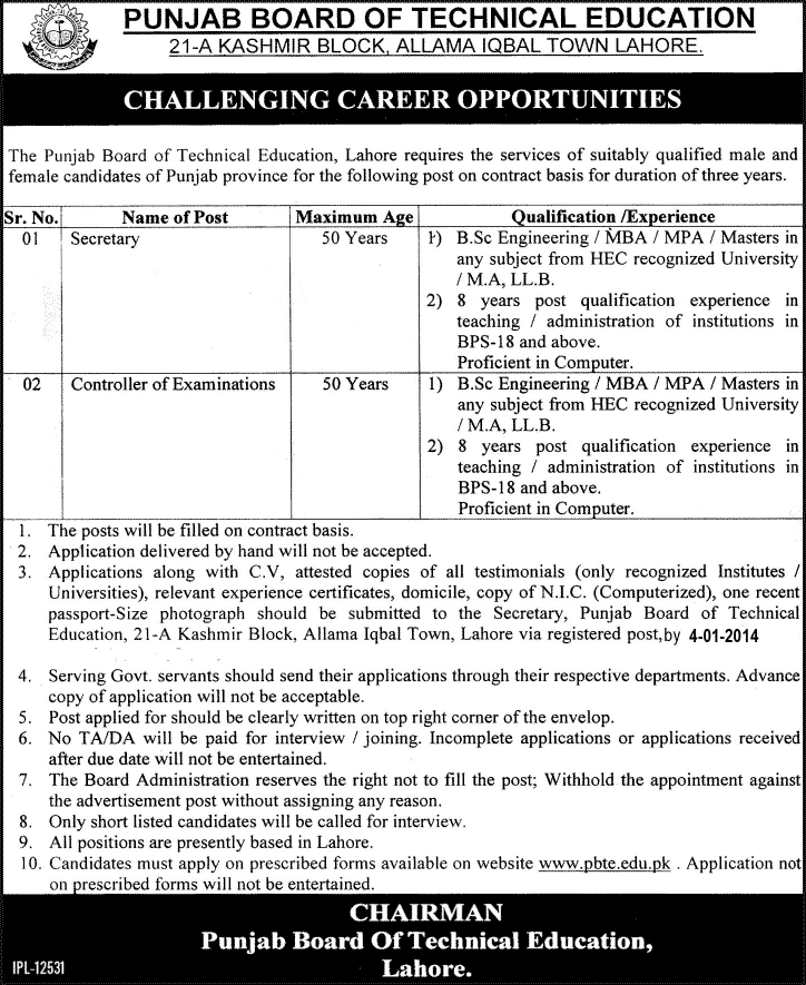 Punjab Board of Technical Education Lahore Jobs 2013 December for Secretary & Controller of Examinations