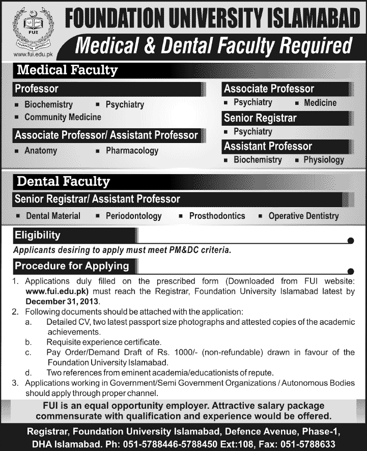 Foundation University Islamabad Jobs 013 December for Medical & Dental Faculty