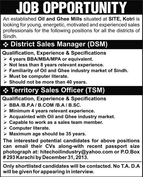 Sales Manager Jobs in Sindh 2013 December for Oil and Ghee Mills PO Box 293 Karachi