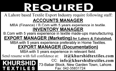 Accounts / Inventory / Export Managers Jobs in Lahore Faisalabad 2013 December at Khurshid Textiles