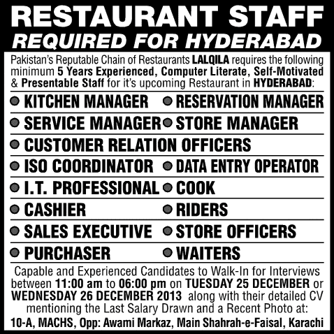 Lalqila Hyderabad Jobs 2013 December for Restaurant Staff Latest Advertisement