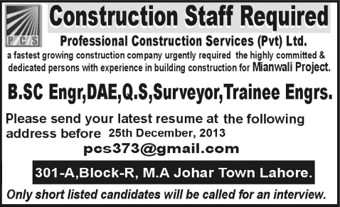 Civil Engineers, Quantity Surveyors & Trainee Engineers Jobs in Mianwali 2013 December at Professional Construction Services (Pvt.) Ltd