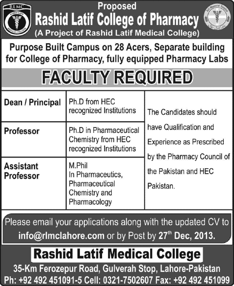 Rashid Latif Medical College Lahore Jobs 2013 December for Faculty for Rashid Latif College of Pharmacy