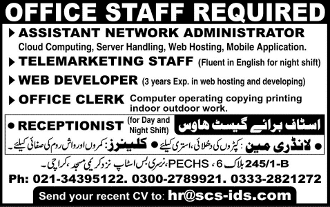 Network Administrator, Telemarketing Staff, Web Developer, Office Clerk & Other Staff Jobs in Karachi 2013 December