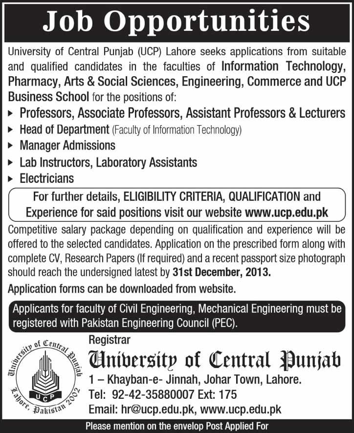 University of Central Punjab (UCP) Lahore Jobs 2013 December for Teaching Faculty & Administrative Staff