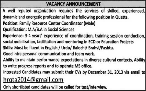 Jobs in Quetta December 2013 Latest for Family Resource Center Coordinator