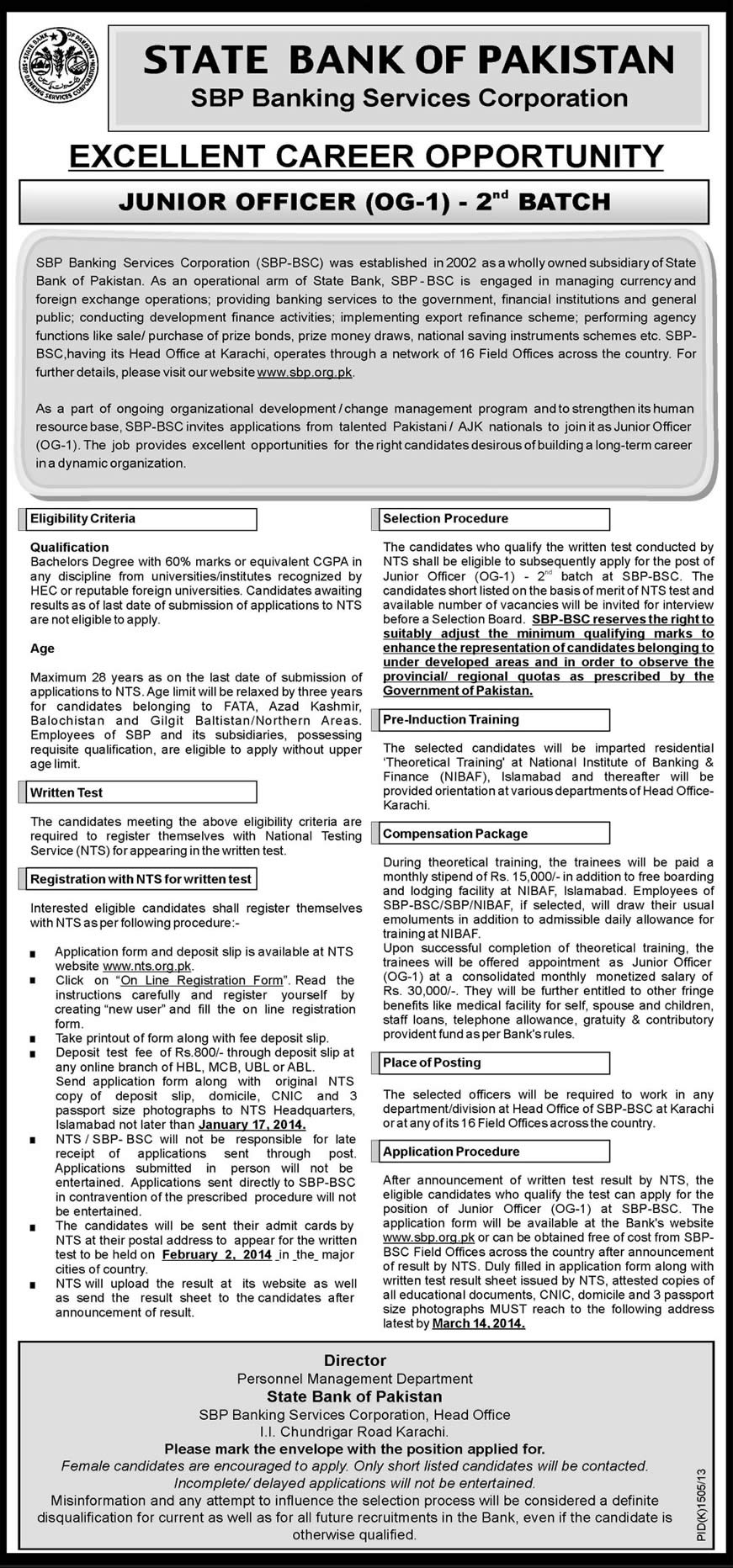 State Bank of Pakistan Jobs NTS December 2013 2014 January for Junior Officers