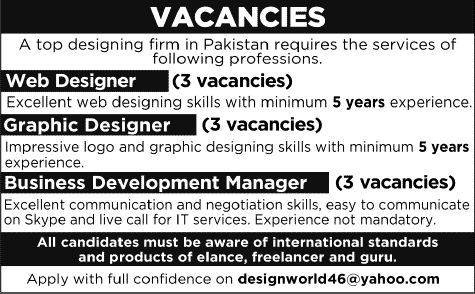 Web Designer, Graphic Designer & Business Development Manager Jobs in Islamabad Rawalpindi December 2013 2014