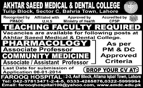 Medical Teaching Faculty Jobs in Lahore December 2013 2014 January at Akhtar Saeed Medical & Dental College