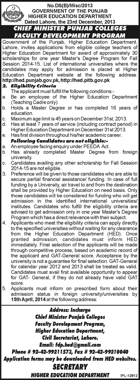 Chief Minister Punjab Colleges Faculty Development Program 2014 - 2015 Higher Education Department Punjab