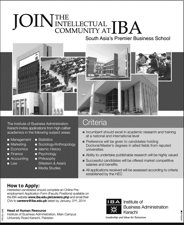 IBA Karachi Jobs December 2013 2014 January for Faculty