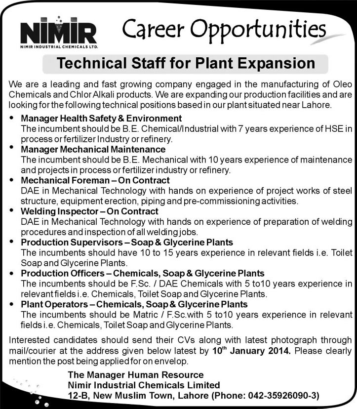 Nimir Industrial Chemicals Ltd. Lahore Jobs 2013 2014 January for Chemical / Mechanical / Industrial Engineers, Supervisors & Plant Operators