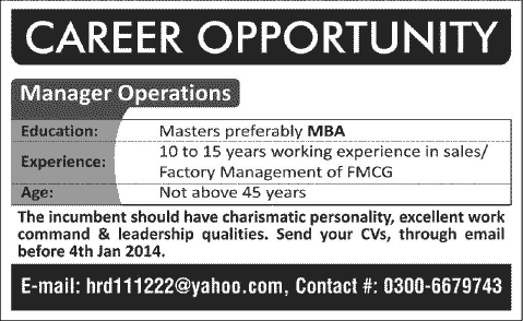 Manager Operations Jobs in Lahore 2014 2013 December FMCG Sector