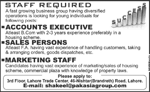 Accounts, Sales and Marketing Jobs in Lahore 2014 2013 December at PAKASIA Group