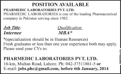 HR Trainee Jobs in Lahore 2014 2013 December at Pharmedic Laboratories Pvt. Ltd