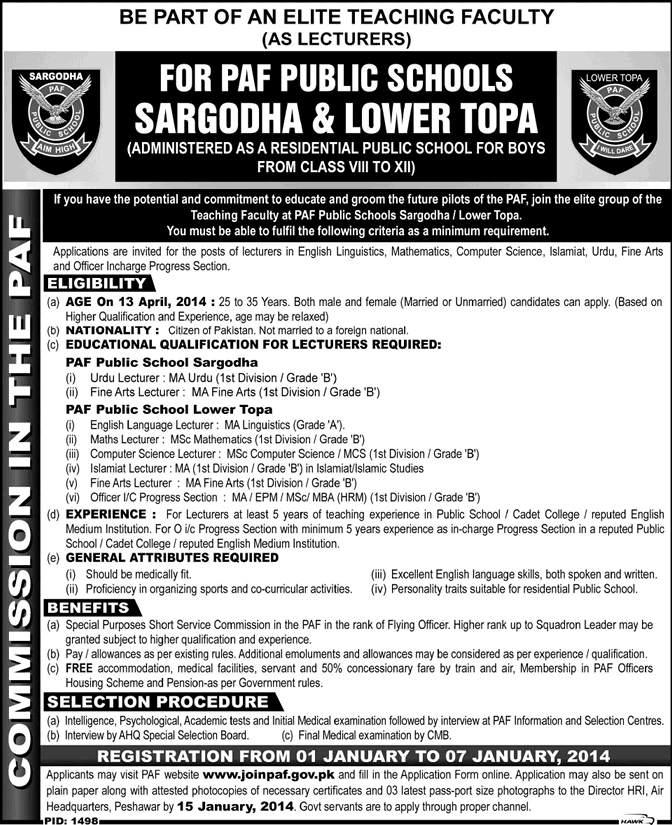 Lecturers Jobs in PAF Public School Sargodha & Lower Topa Murree December 2013 2014